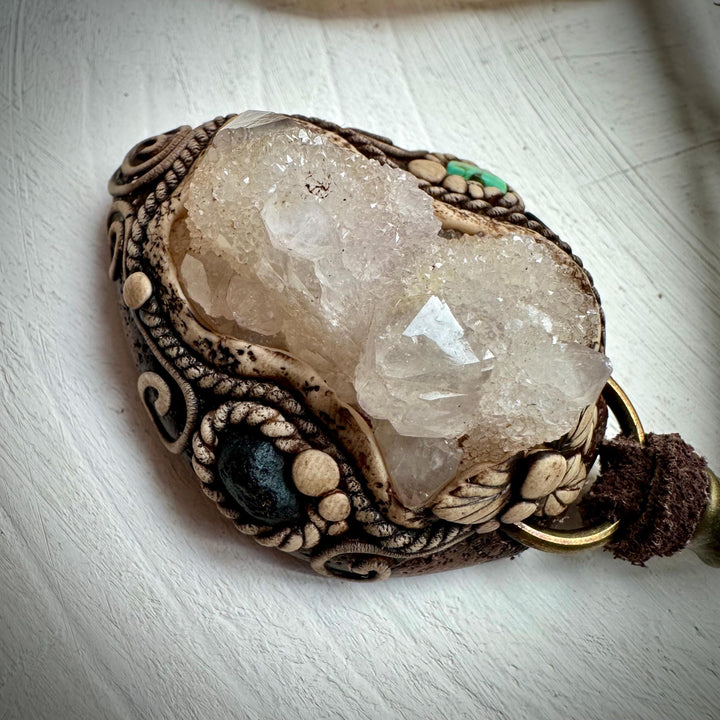 Spirit Quartz Cluster Tibetan Turquoise and Tektite Pendant Necklace - FairyGardenGlow