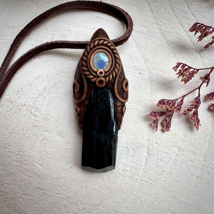 Vivianite and Semi Black Australian Opal Pendant Necklace - FairyGardenGlow