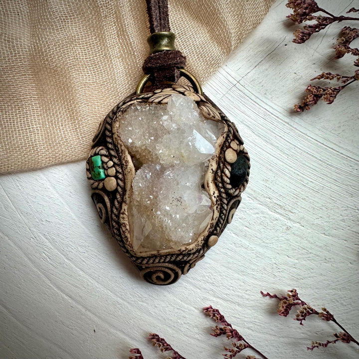 Spirit Quartz Cluster Tibetan Turquoise and Tektite Pendant Necklace - FairyGardenGlow