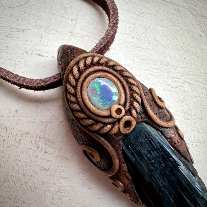 Vivianite and Semi Black Australian Opal Pendant Necklace - FairyGardenGlow
