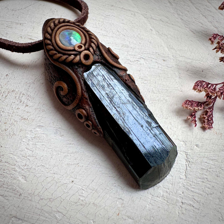 Vivianite and Semi Black Australian Opal Pendant Necklace - FairyGardenGlow