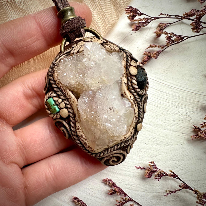 Spirit Quartz Cluster Tibetan Turquoise and Tektite Pendant Necklace - FairyGardenGlow
