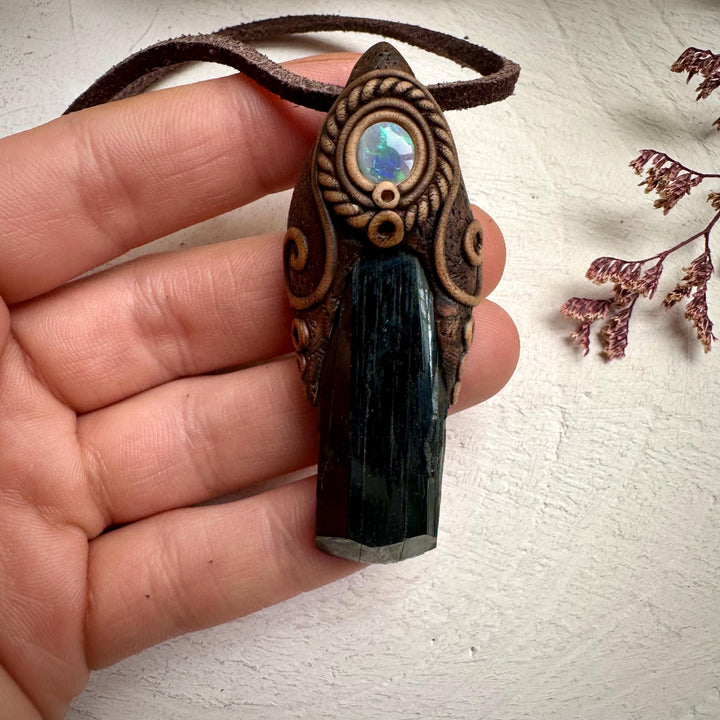 Vivianite and Semi Black Australian Opal Pendant Necklace - FairyGardenGlow
