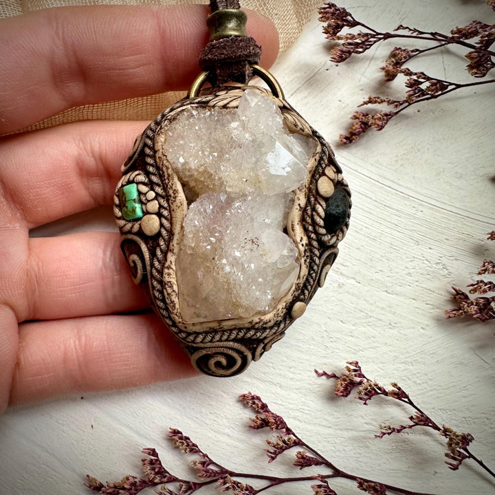 Spirit Quartz Cluster Tibetan Turquoise and Tektite Pendant Necklace - FairyGardenGlow