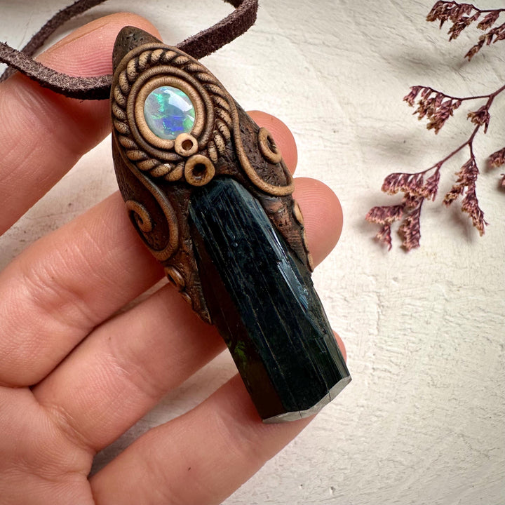 Vivianite and Semi Black Australian Opal Pendant Necklace - FairyGardenGlow