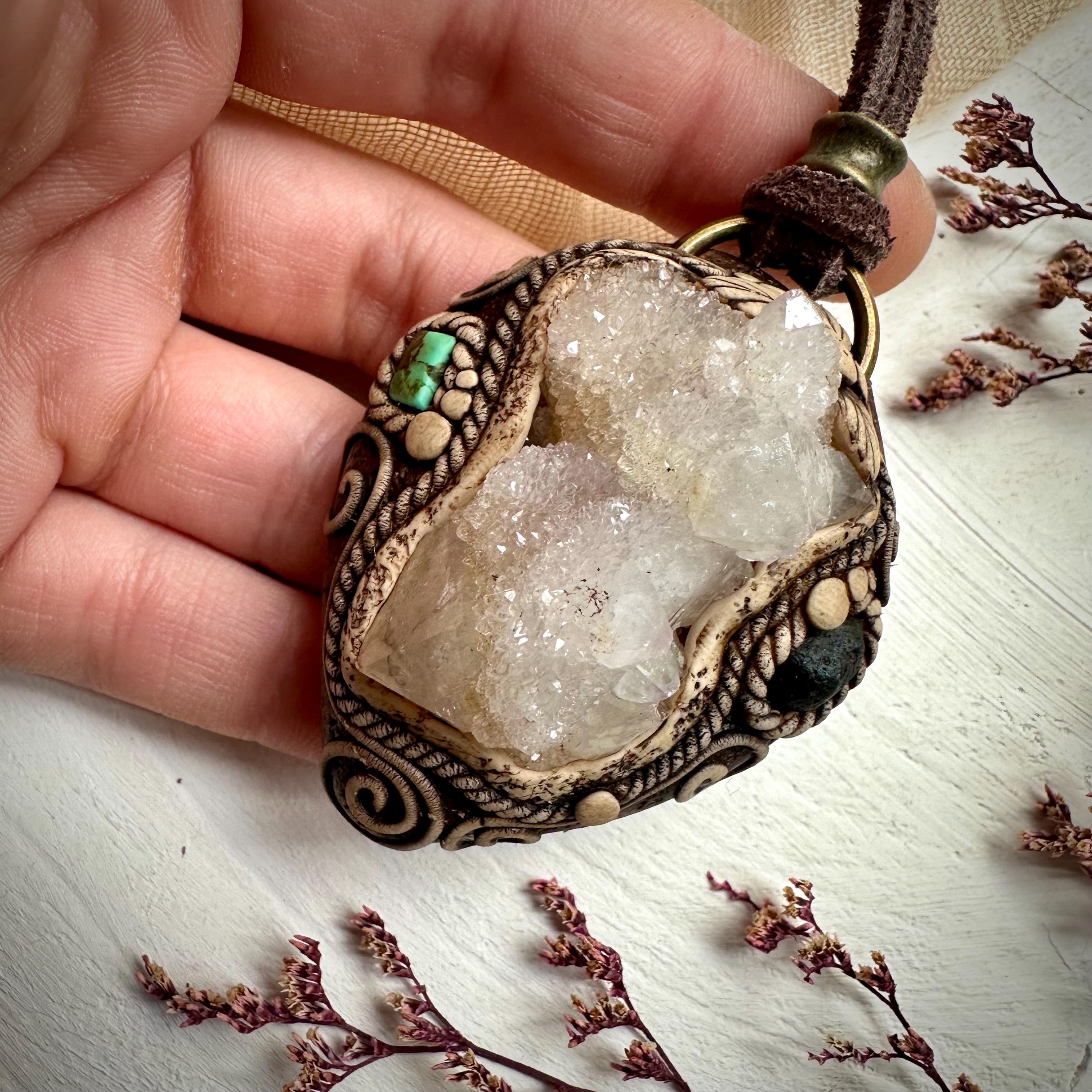 Spirit Quartz Cluster Tibetan Turquoise and Tektite Pendant Necklace - FairyGardenGlow