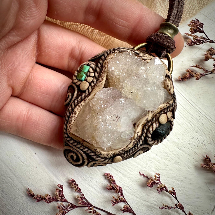 Spirit Quartz Cluster Tibetan Turquoise and Tektite Pendant Necklace - FairyGardenGlow