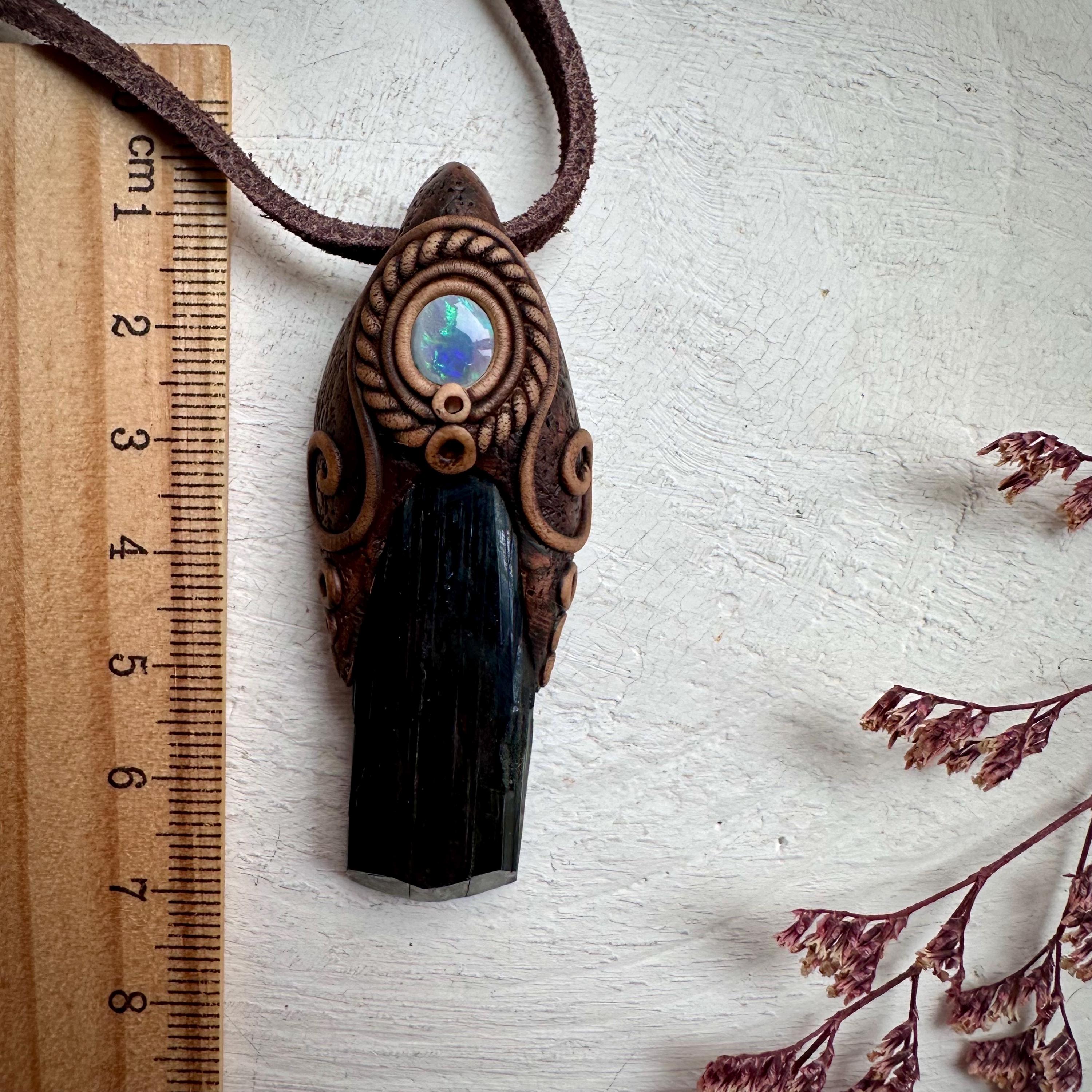 Vivianite and Semi Black Australian Opal Pendant Necklace - FairyGardenGlow