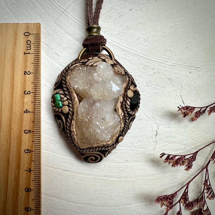Spirit Quartz Cluster Tibetan Turquoise and Tektite Pendant Necklace - FairyGardenGlow