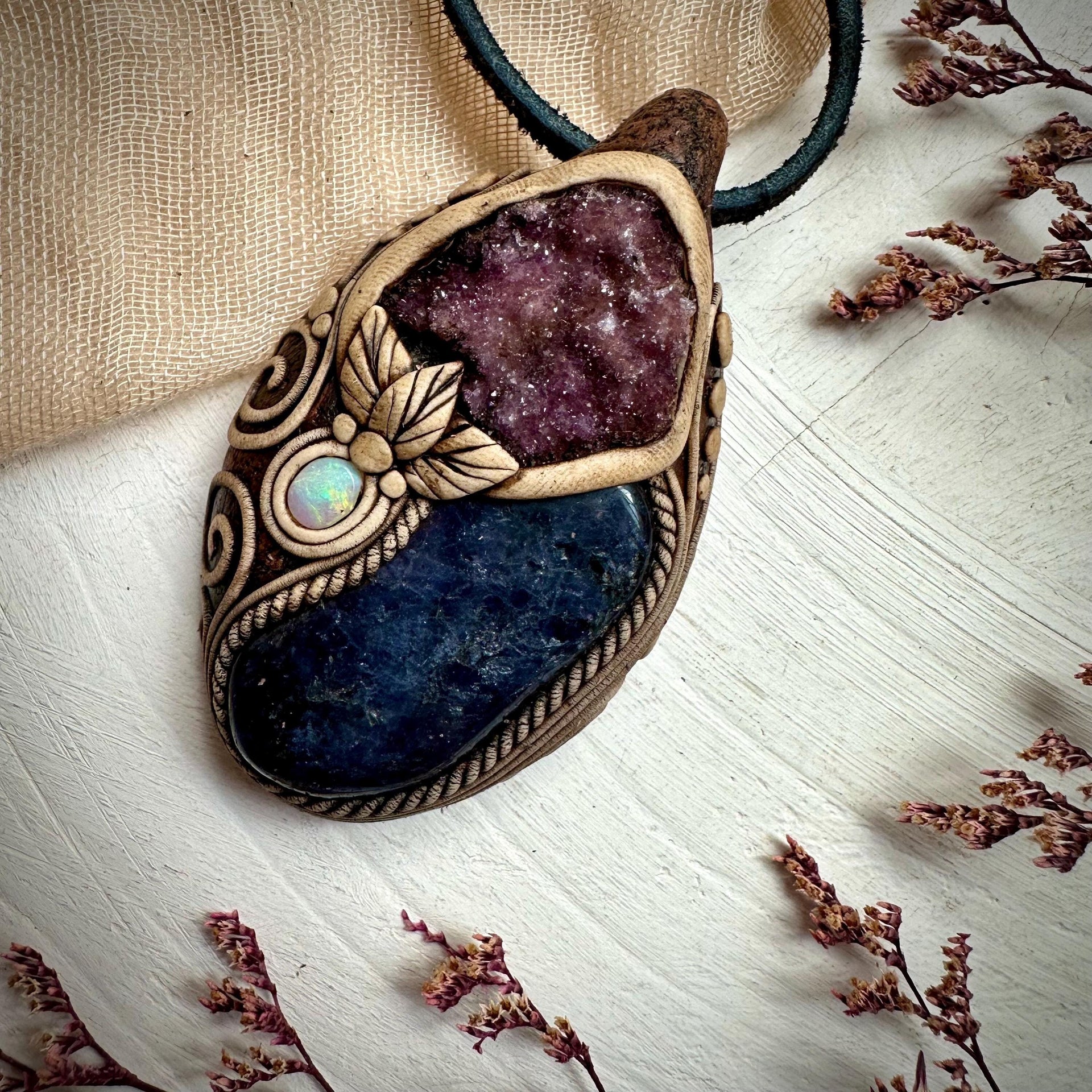 Iolite with Amethyst Cluster and Australian Opal Pendant Necklace - FairyGardenGlow