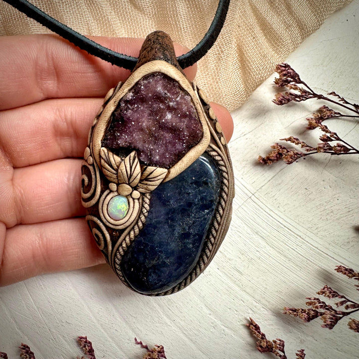 Iolite with Amethyst Cluster and Australian Opal Pendant Necklace - FairyGardenGlow