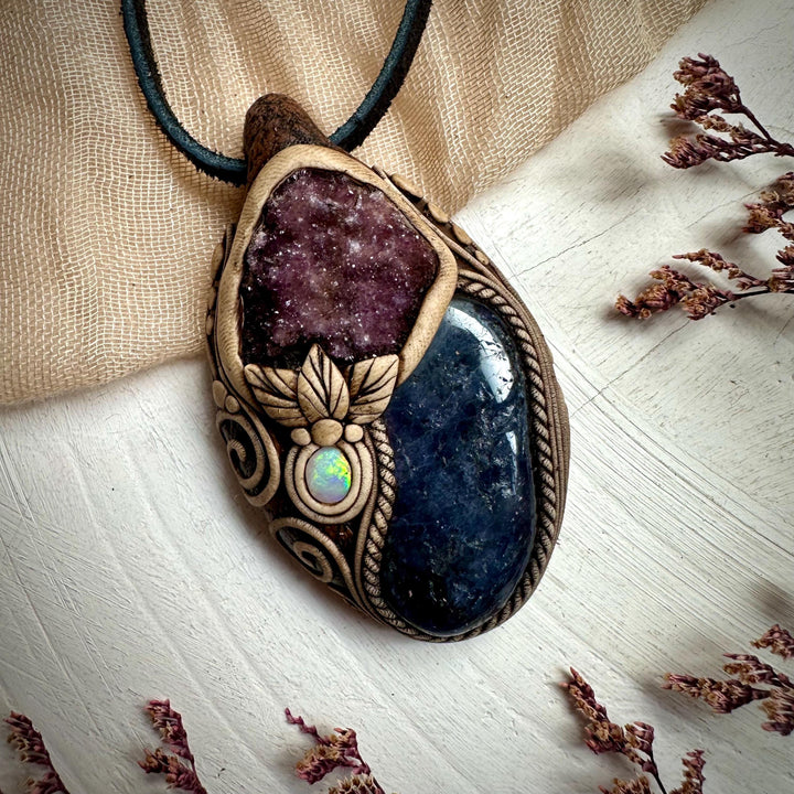 Iolite with Amethyst Cluster and Australian Opal Pendant Necklace - FairyGardenGlow