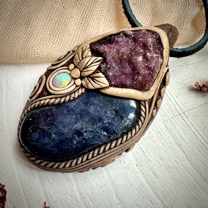 Iolite with Amethyst Cluster and Australian Opal Pendant Necklace - FairyGardenGlow