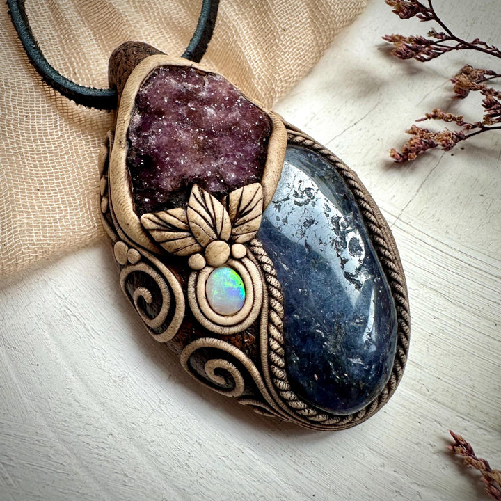 Iolite with Amethyst Cluster and Australian Opal Pendant Necklace - FairyGardenGlow