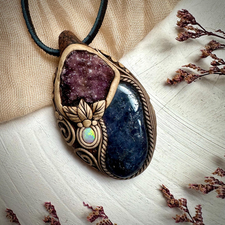 Iolite with Amethyst Cluster and Australian Opal Pendant Necklace - FairyGardenGlow