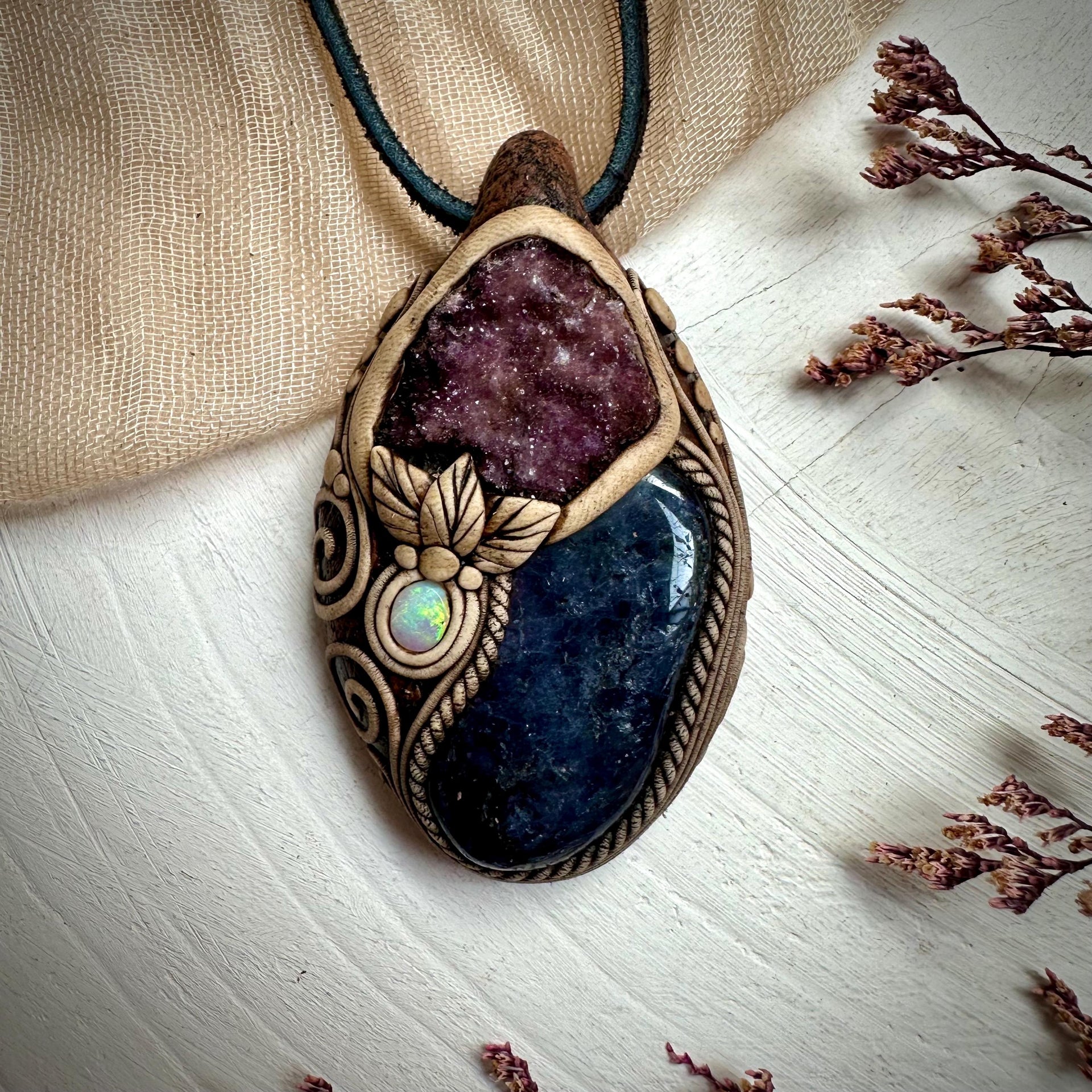 Iolite with Amethyst Cluster and Australian Opal Pendant Necklace - FairyGardenGlow