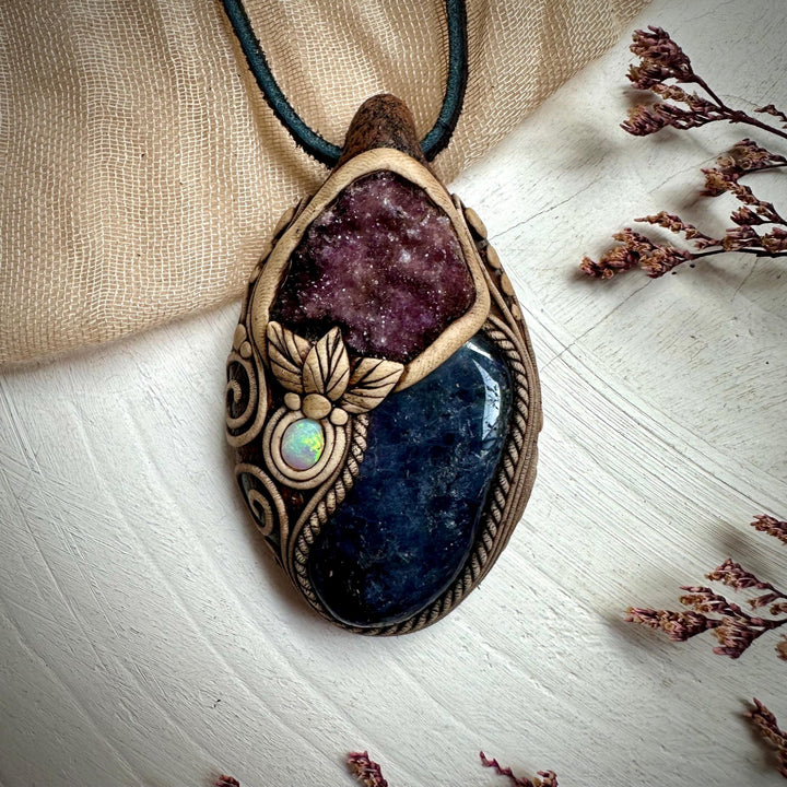Iolite with Amethyst Cluster and Australian Opal Pendant Necklace - FairyGardenGlow