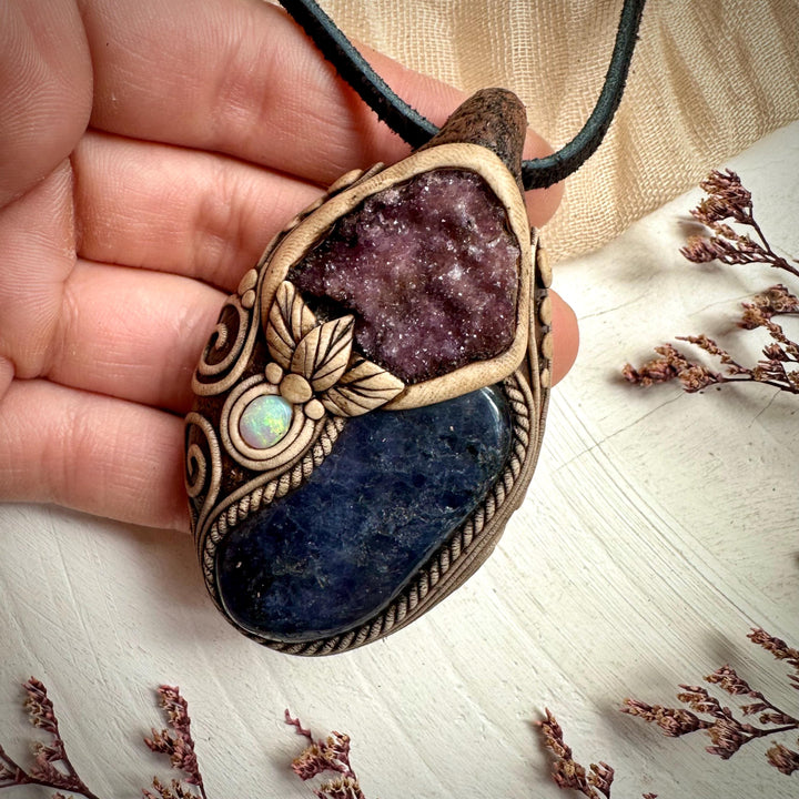 Iolite with Amethyst Cluster and Australian Opal Pendant Necklace - FairyGardenGlow