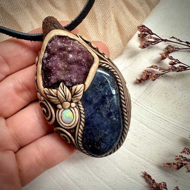 Iolite with Amethyst Cluster and Australian Opal Pendant Necklace - FairyGardenGlow