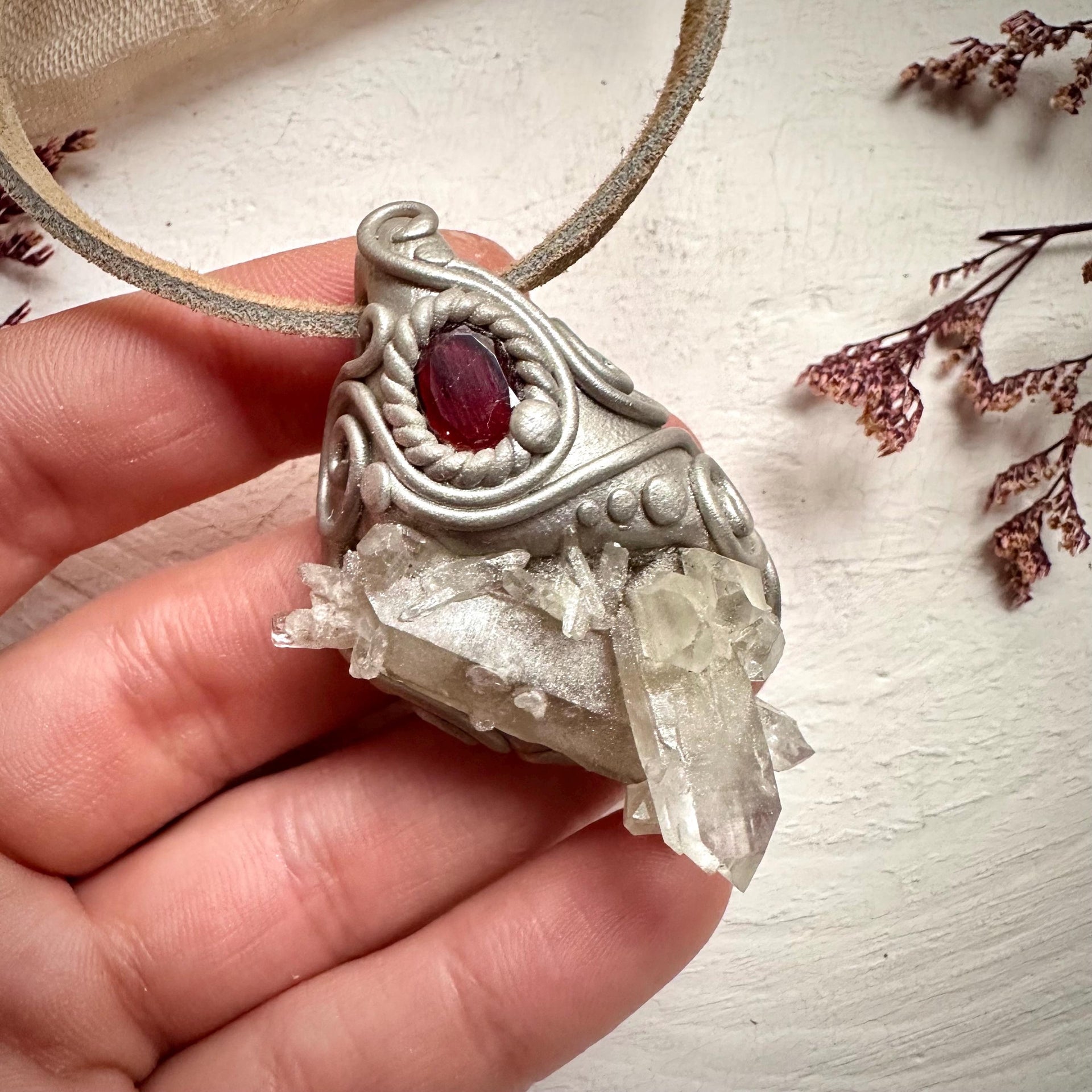 Quartz Cluster and Red Garnet Pendant Necklace - FairyGardenGlow