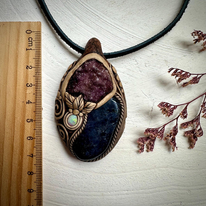 Iolite with Amethyst Cluster and Australian Opal Pendant Necklace - FairyGardenGlow