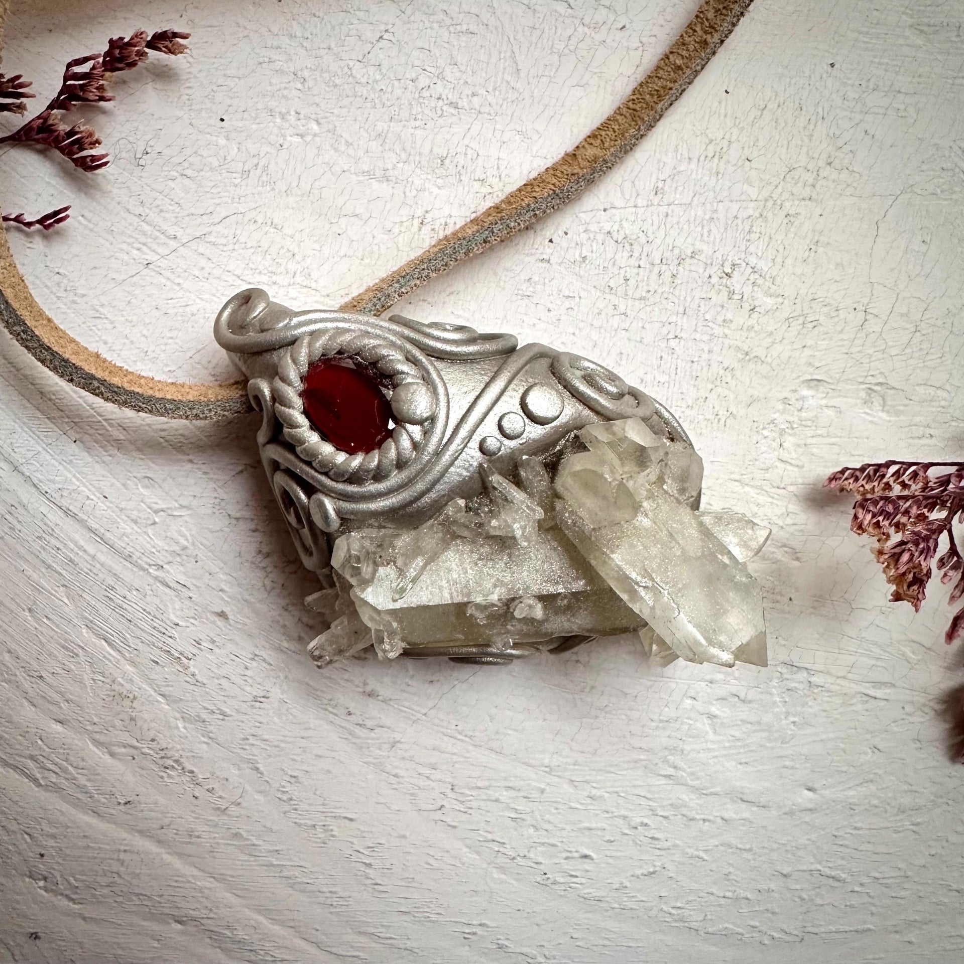 Quartz Cluster and Red Garnet Pendant Necklace - FairyGardenGlow