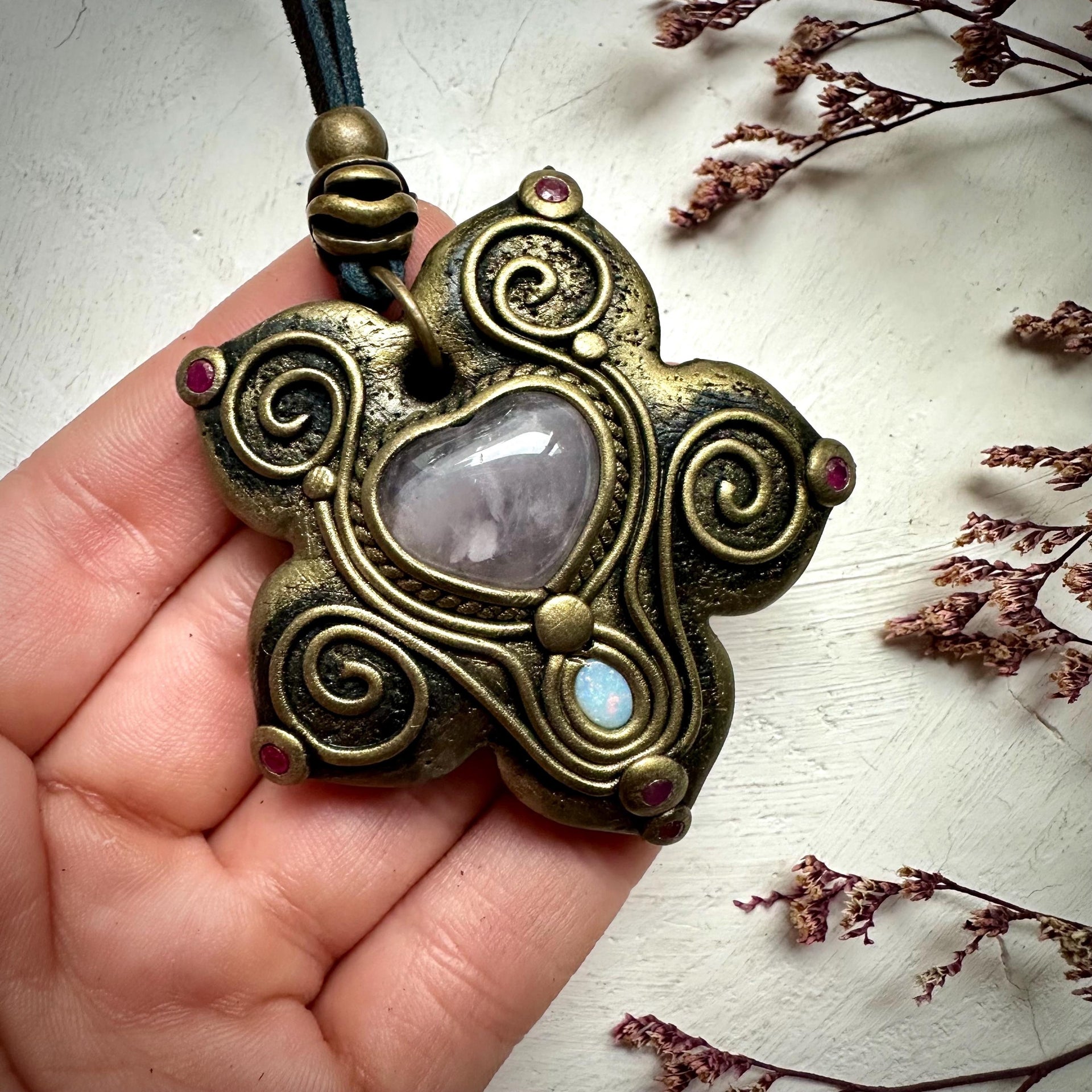 Rose Quartz Heart Australian Opal and Ruby Necklace - FairyGardenGlow