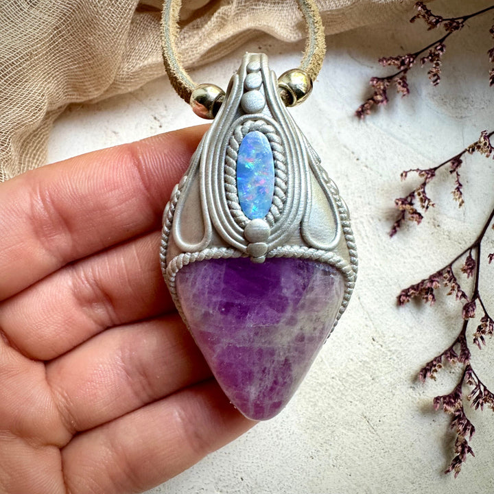 Kunzite and Australian Opal Necklace - FairyGardenGlow