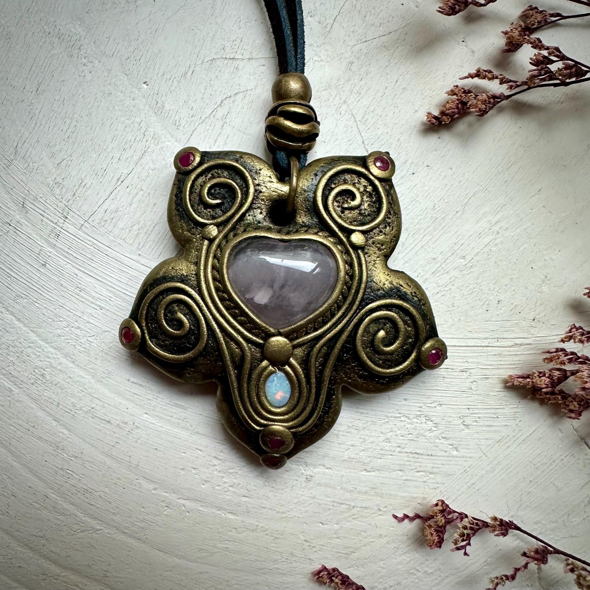 Rose Quartz Heart Australian Opal and Ruby Necklace - FairyGardenGlow