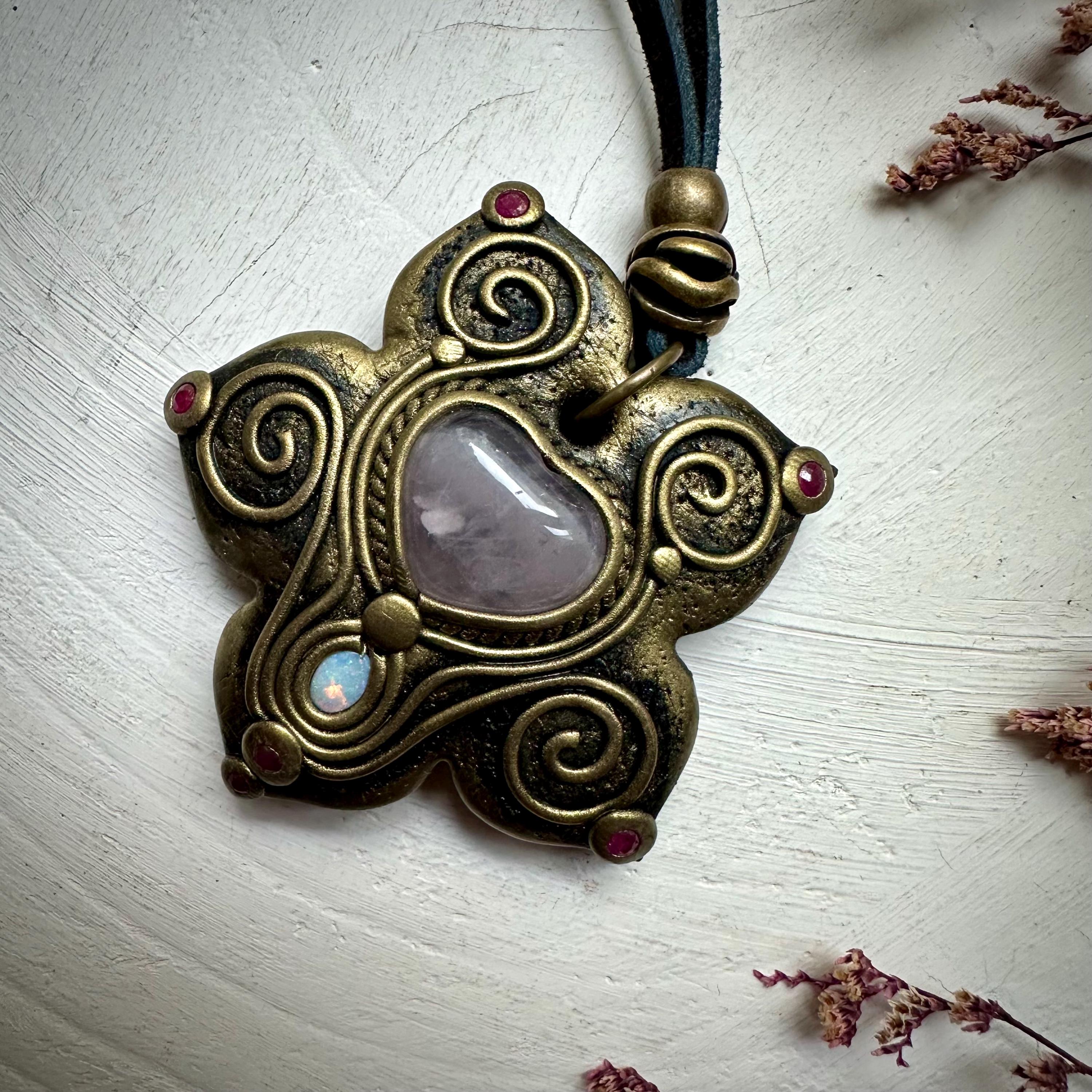 Rose Quartz Heart Australian Opal and Ruby Necklace - FairyGardenGlow
