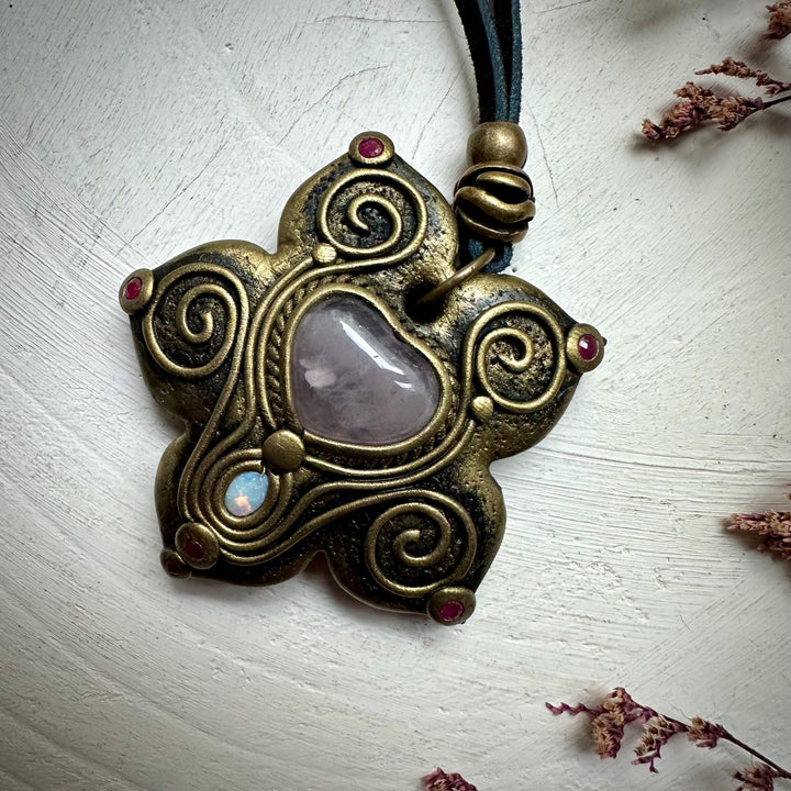 Rose Quartz Heart Australian Opal and Ruby Necklace - FairyGardenGlow