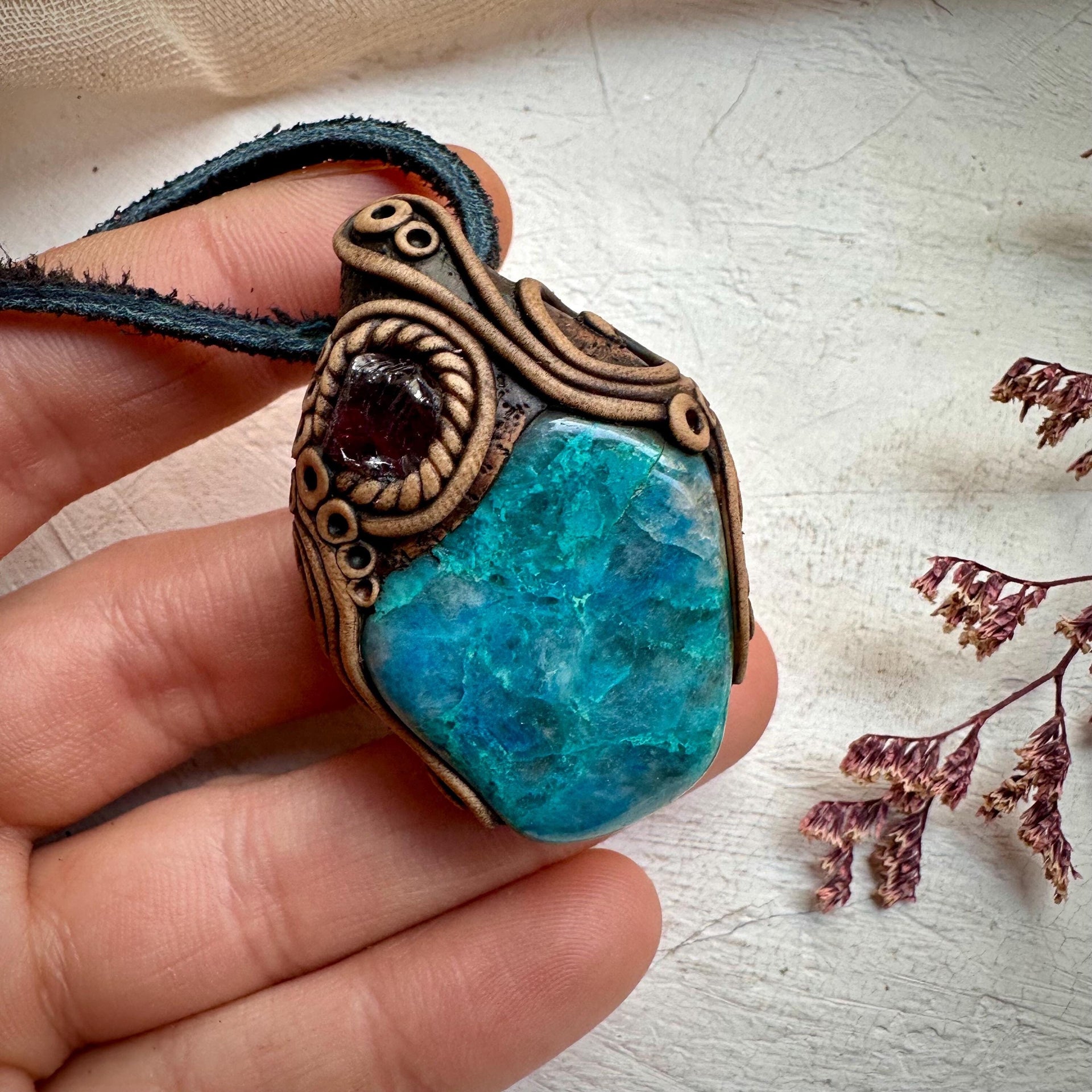 Chrysocolla and Rhodolite Garnet Necklace - FairyGardenGlow