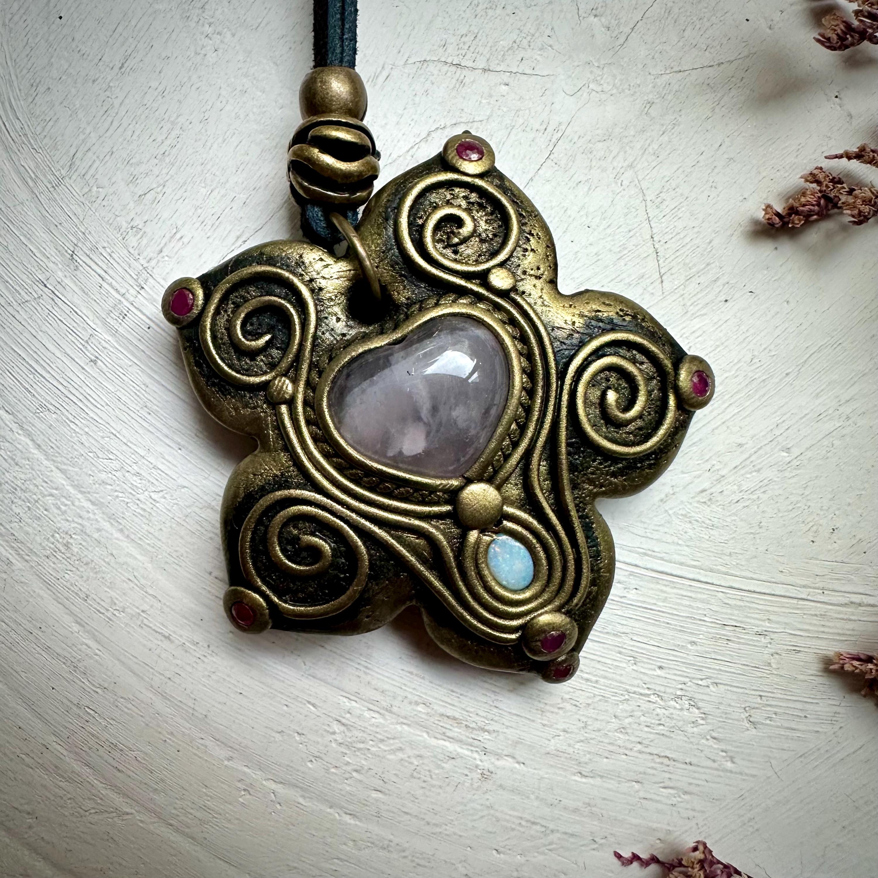 Rose Quartz Heart Australian Opal and Ruby Necklace - FairyGardenGlow