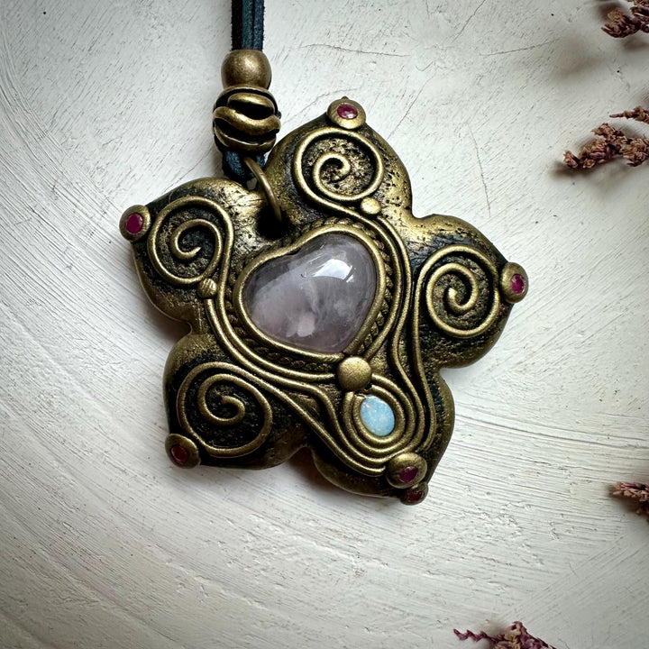 Rose Quartz Heart Australian Opal and Ruby Necklace - FairyGardenGlow