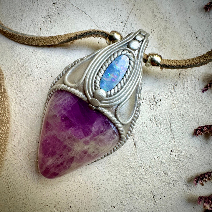 Kunzite and Australian Opal Necklace - FairyGardenGlow