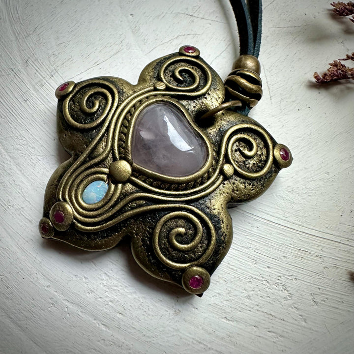 Rose Quartz Heart Australian Opal and Ruby Necklace - FairyGardenGlow