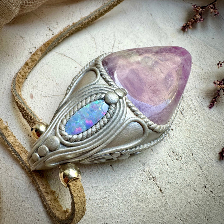 Kunzite and Australian Opal Necklace - FairyGardenGlow