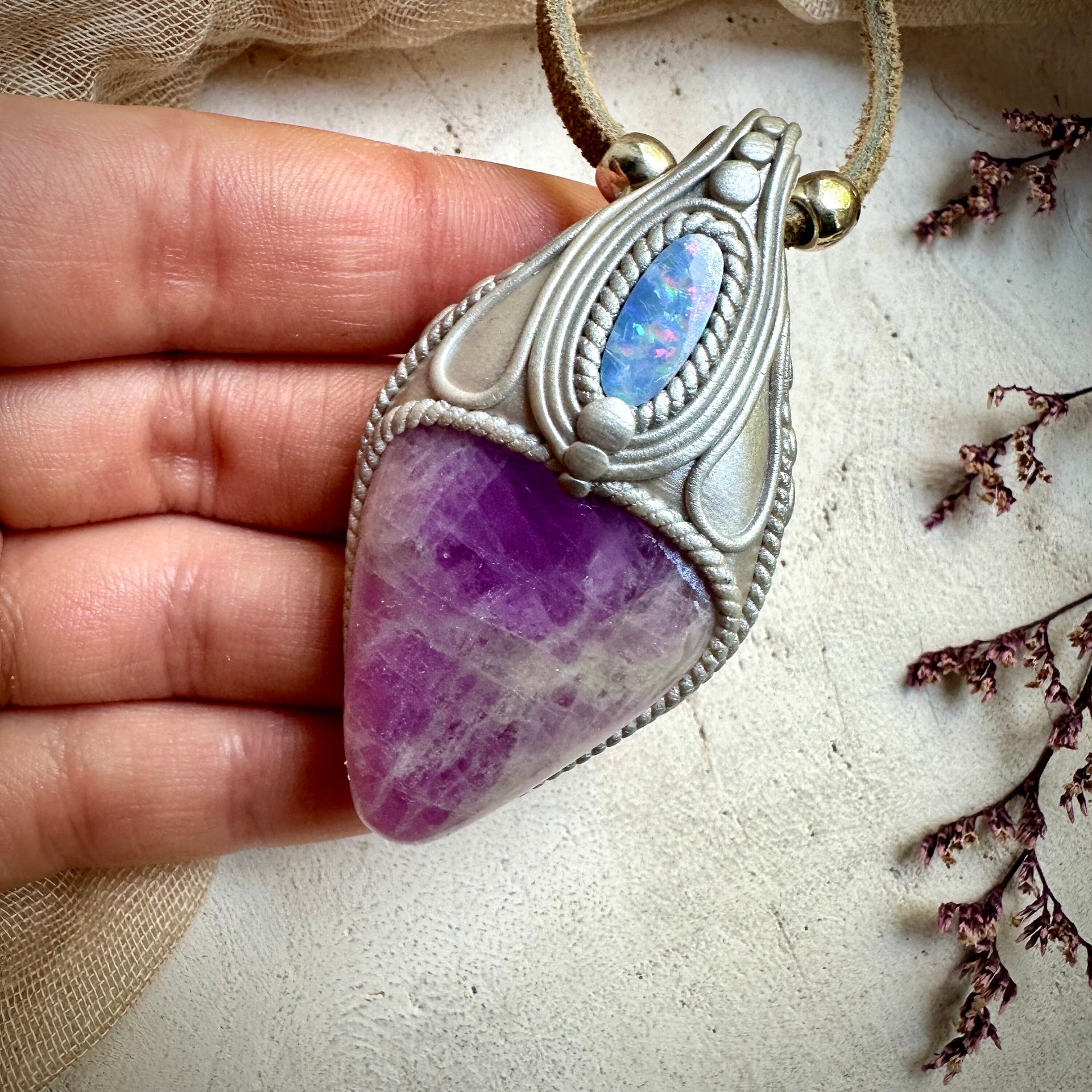Kunzite and Australian Opal Necklace - FairyGardenGlow