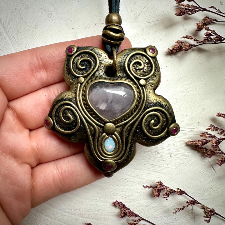 Rose Quartz Heart Australian Opal and Ruby Necklace - FairyGardenGlow