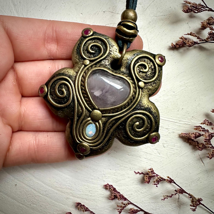 Rose Quartz Heart Australian Opal and Ruby Necklace - FairyGardenGlow