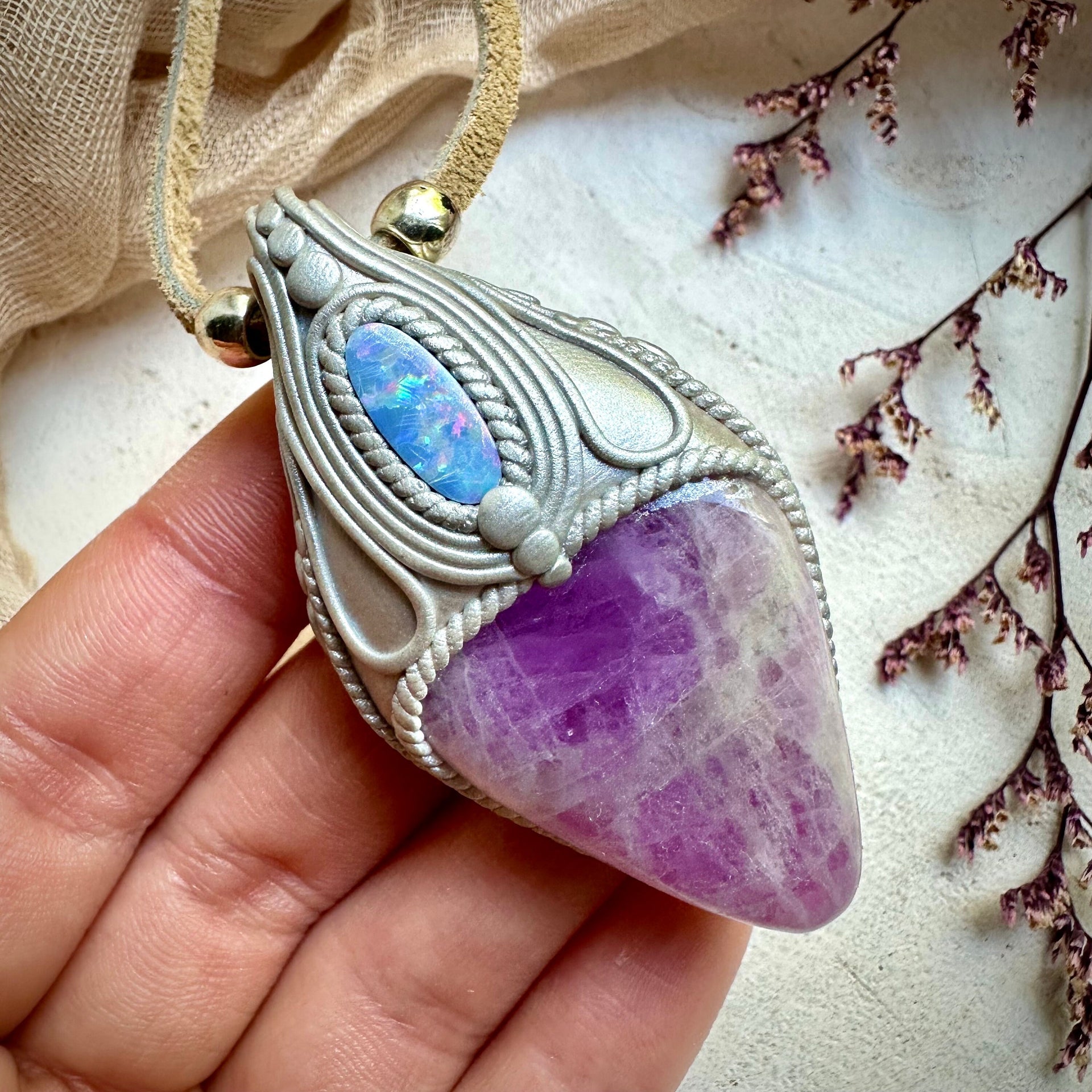 Kunzite and Australian Opal Necklace - FairyGardenGlow