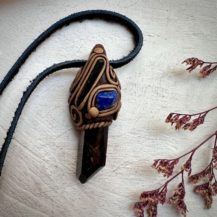 Smoky Quartz Aegirine and Lapis Lazuli Pendant Necklace - FairyGardenGlow