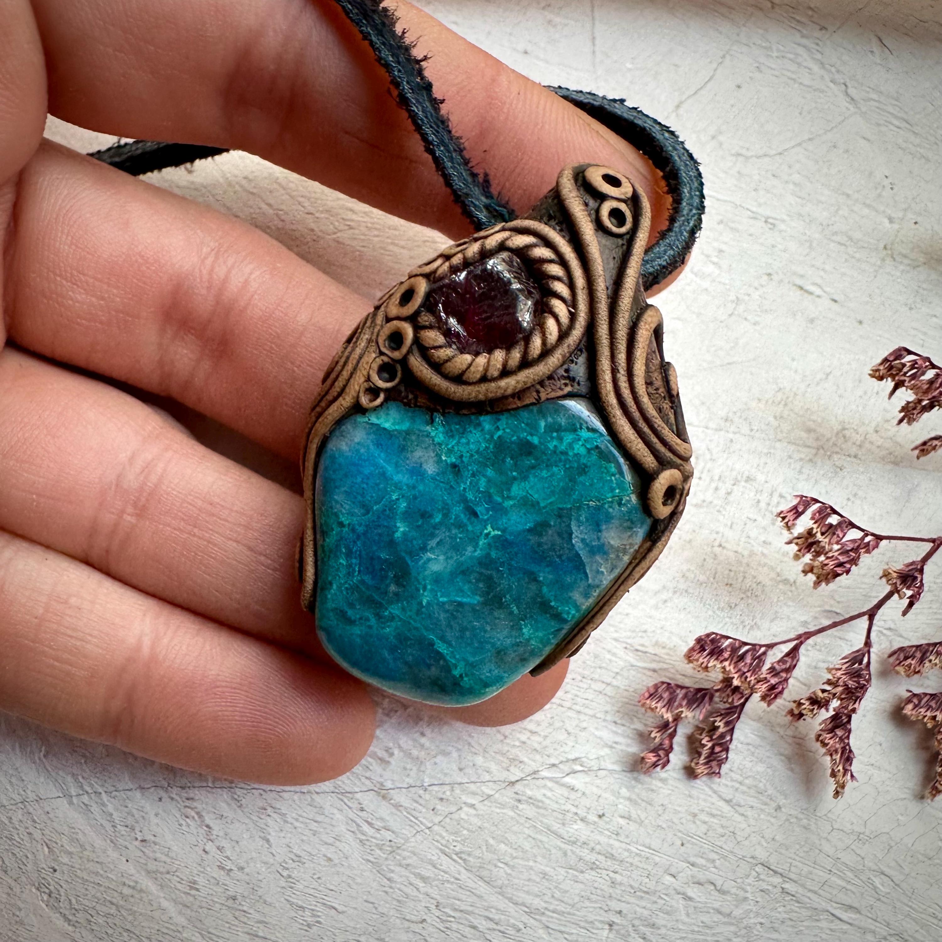 Chrysocolla and Rhodolite Garnet Necklace - FairyGardenGlow
