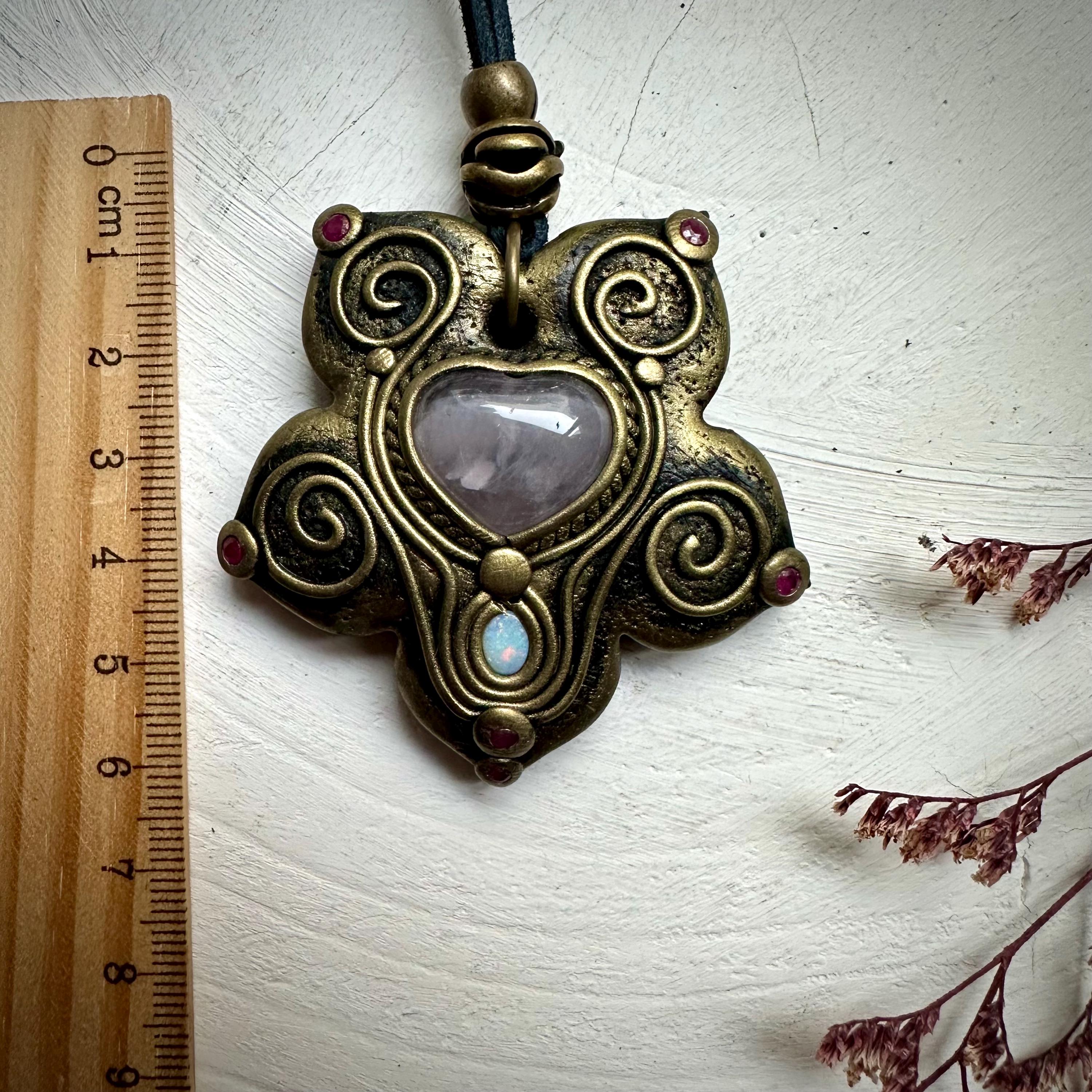 Rose Quartz Heart Australian Opal and Ruby Necklace - FairyGardenGlow
