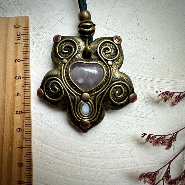 Rose Quartz Heart Australian Opal and Ruby Necklace - FairyGardenGlow