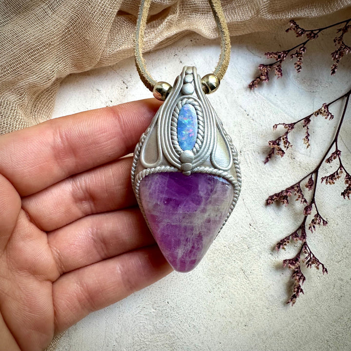 Kunzite and Australian Opal Necklace - FairyGardenGlow