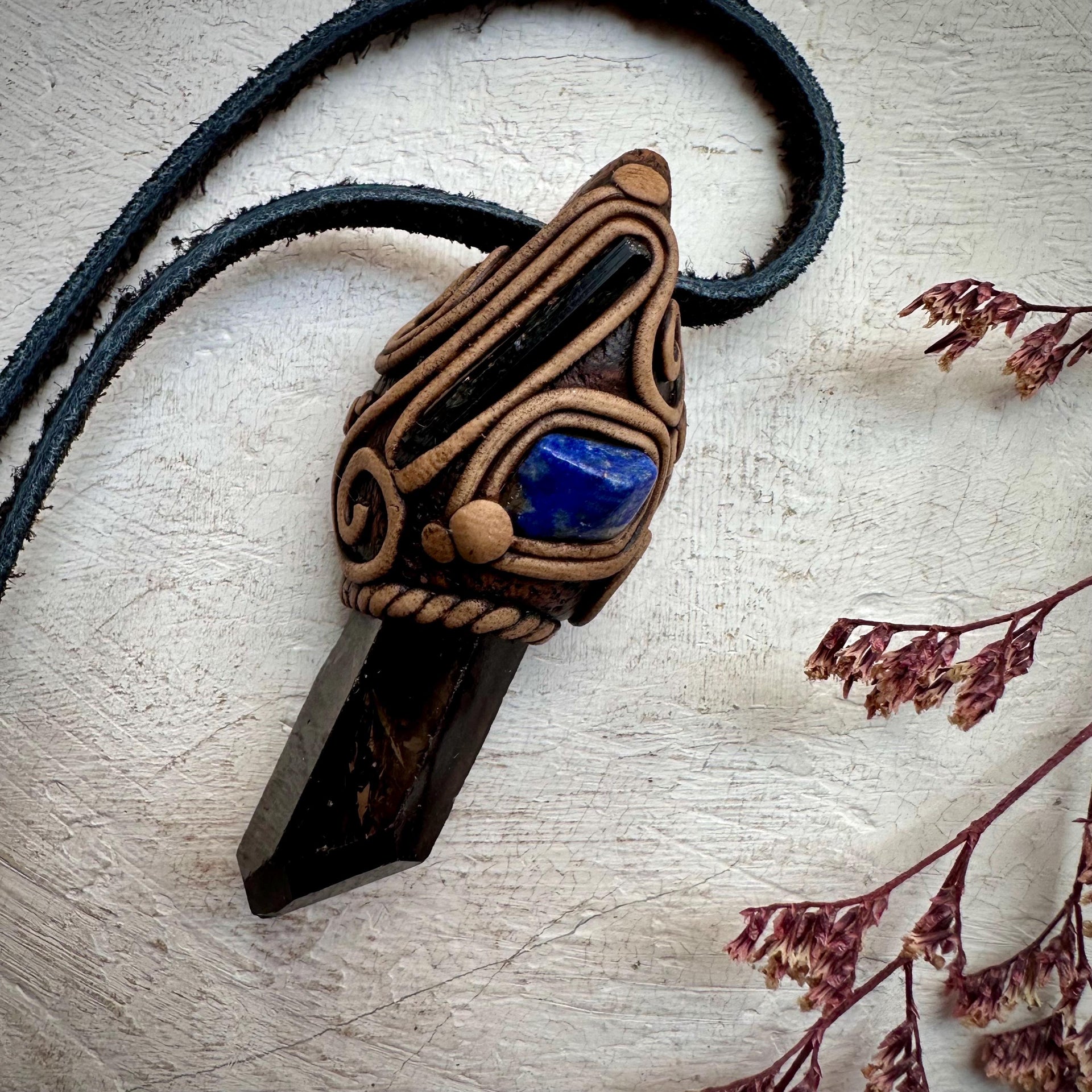 Smoky Quartz Aegirine and Lapis Lazuli Pendant Necklace - FairyGardenGlow