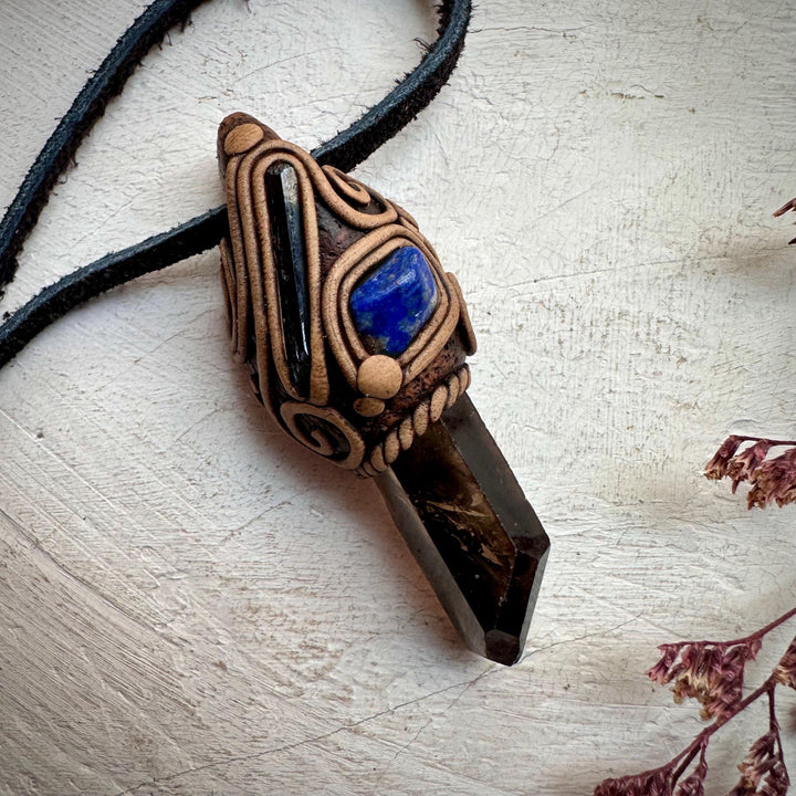 Smoky Quartz Aegirine and Lapis Lazuli Pendant Necklace - FairyGardenGlow