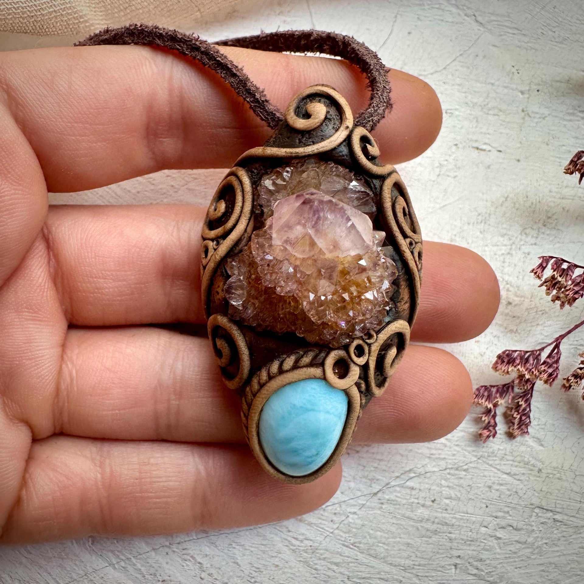 Spirit Quartz Cluster and Larimar Necklace - FairyGardenGlow
