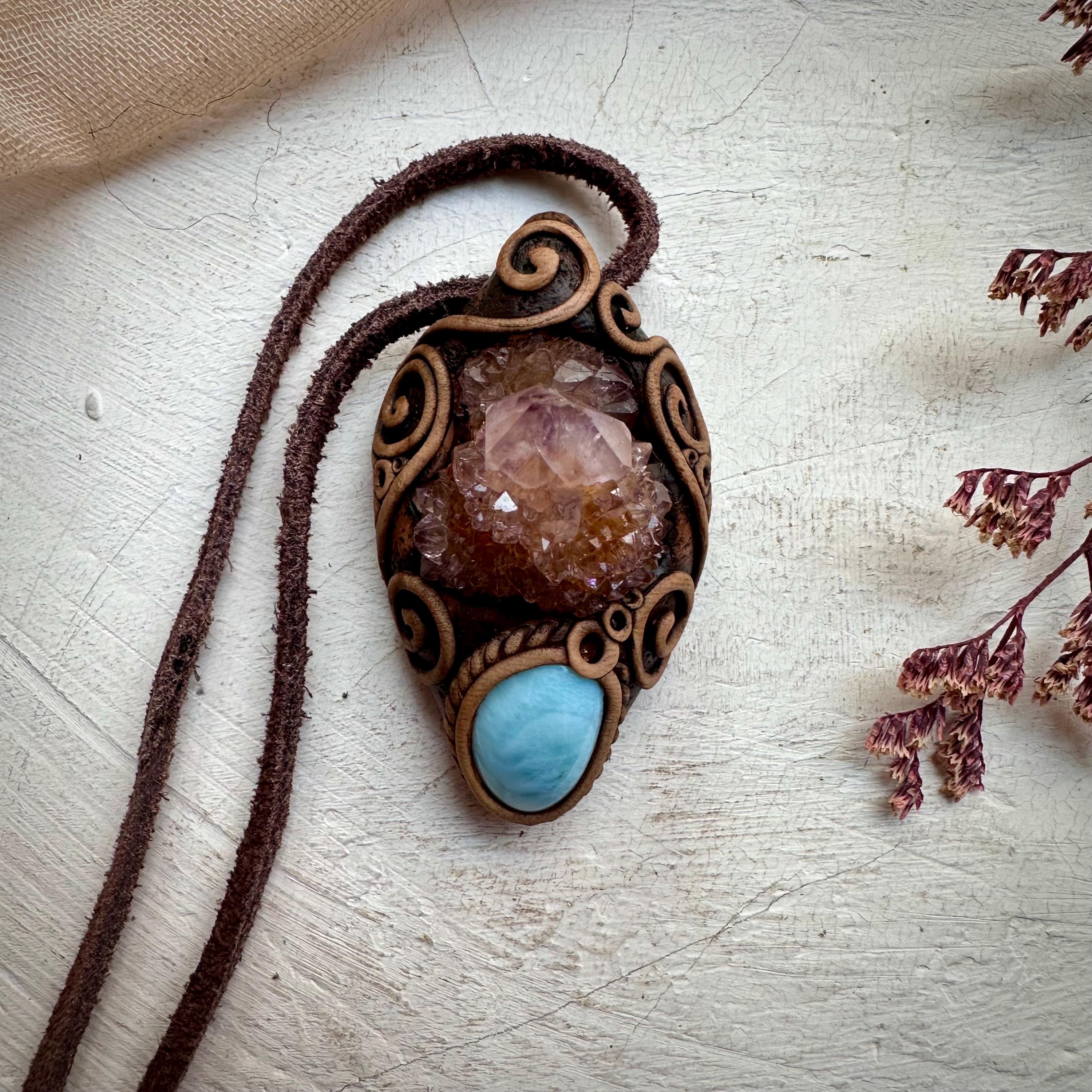 Spirit Quartz Cluster and Larimar Necklace - FairyGardenGlow